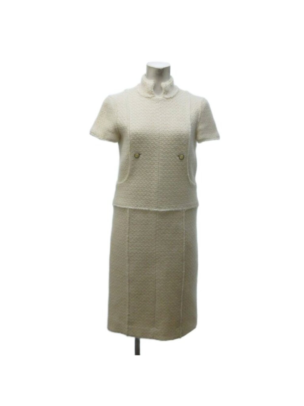 Chanel 04A Tweed Dress Long Length Short Sleeve Wool Angora Blend Ivory 36